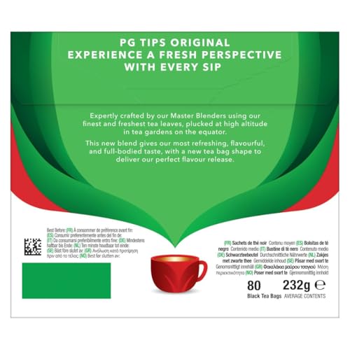 PG Tips Black Tea Bags Non-Pyramid, 80 Count (Pack of 1)
