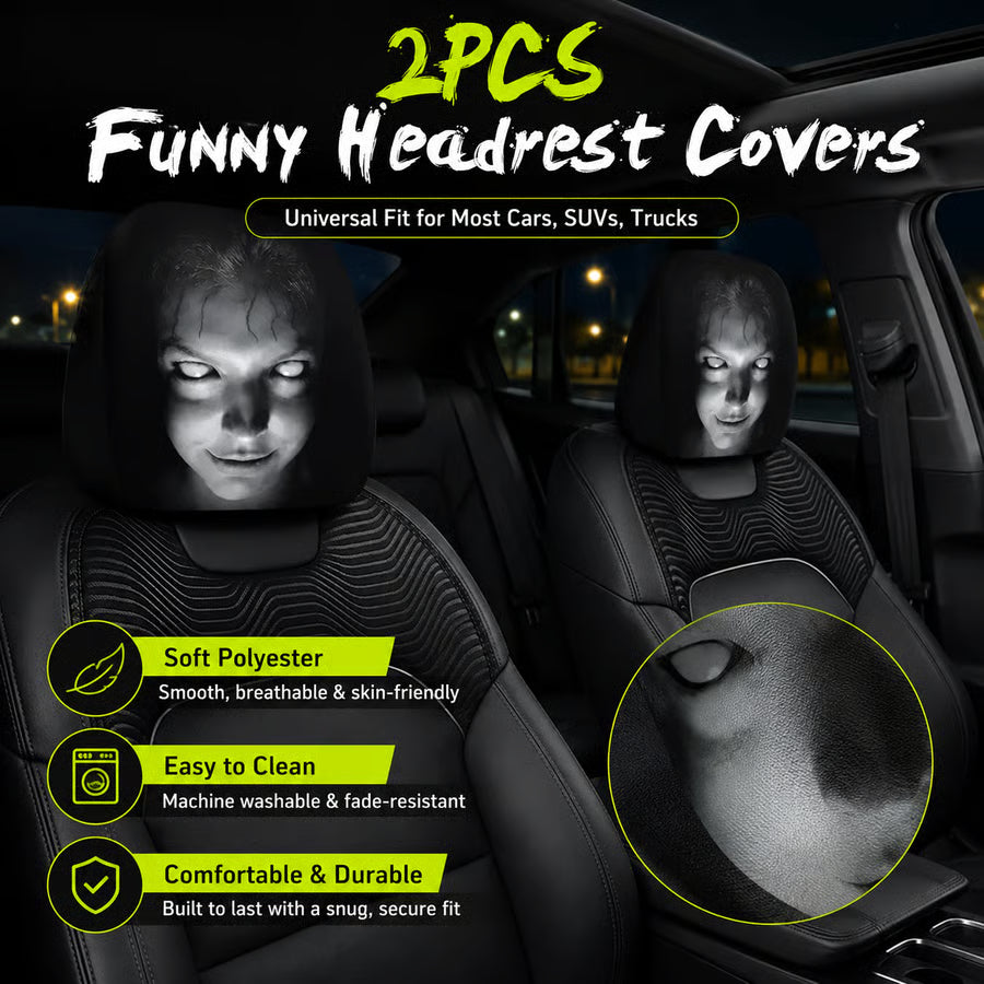 Funny Cartoon Car Headrest Covers – 2PCS Universal Fit for Cars, SUVs, and Trucks with soft polyester design