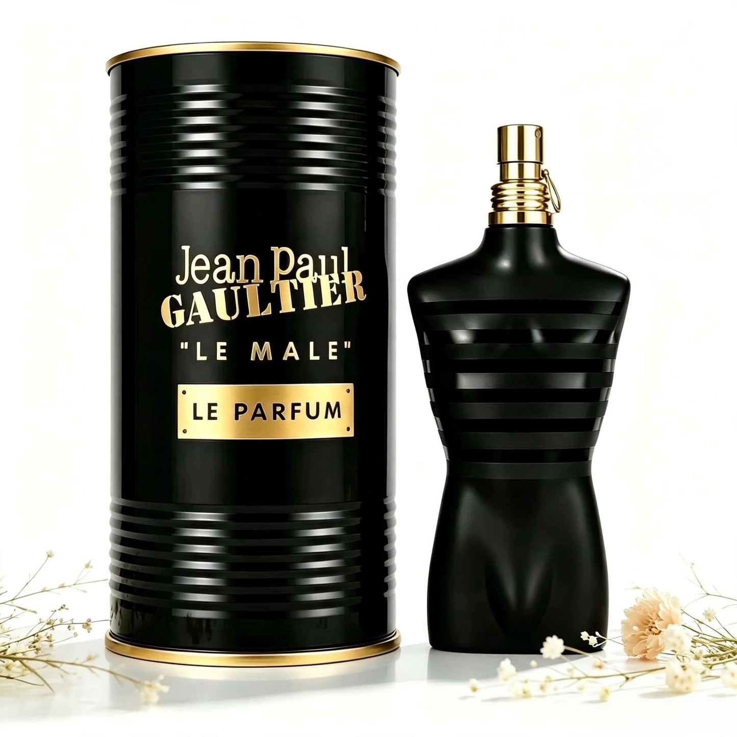Jean Paul Gaultier Le Male Le Parfum For Men Classic Black Torso Bottle Black Gold Cylindrical Metal Can Packaging Elegant Woody Oriental Masculine Scent Long Lasting Men Perfume Spray