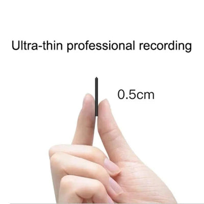 Ultra-thin Mini Voice Recorder shown between fingers, emphasizing its compact design for professional recording.