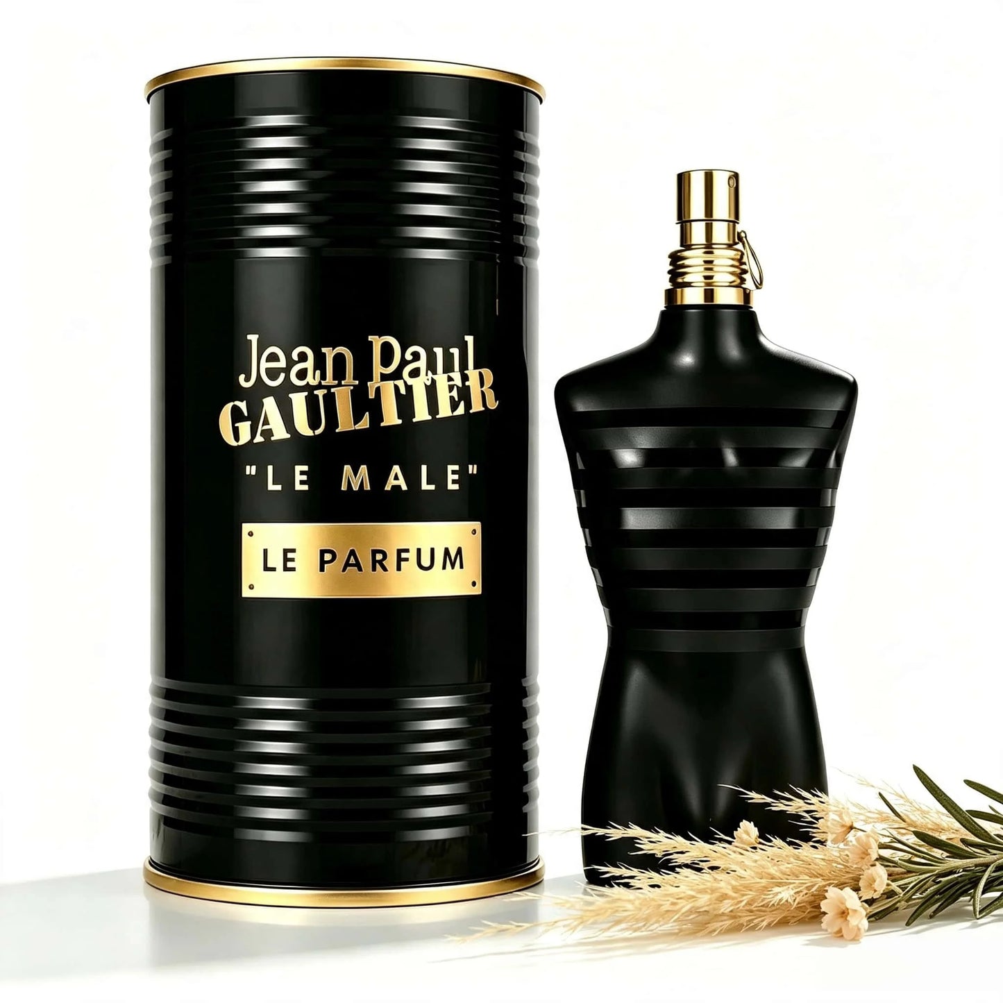 Jean Paul Gaultier Le Male Le Parfum For Men Classic Black Torso Bottle Black Gold Cylindrical Metal Can Packaging Elegant Woody Oriental Masculine Scent Long Lasting Men Perfume Spray