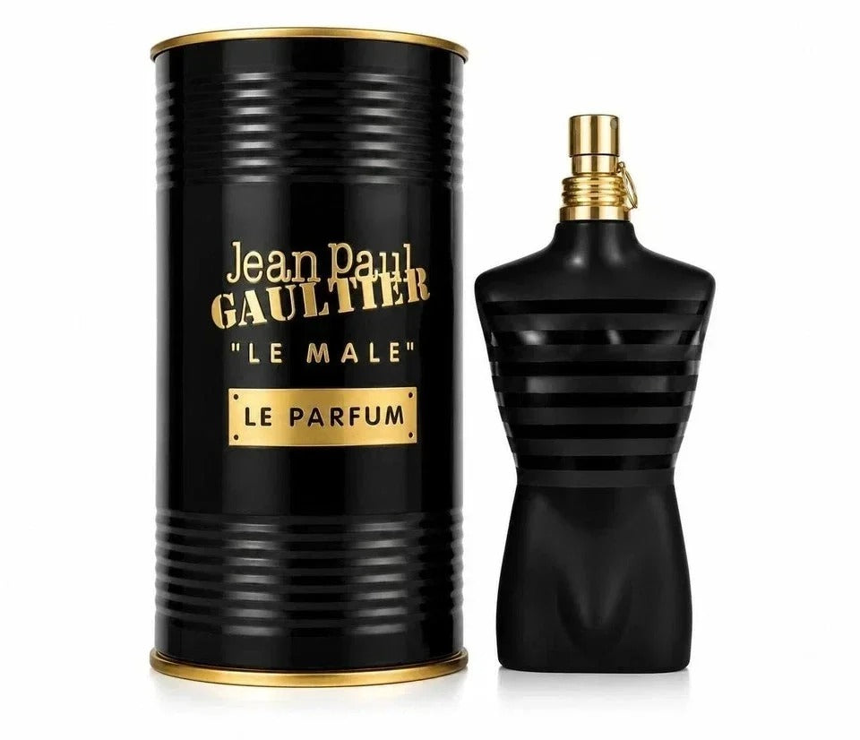 Jean Paul Gaultier Le Male Le Parfum For Men Classic Black Torso Bottle Black Gold Cylindrical Metal Can Packaging Elegant Woody Oriental Masculine Scent Long Lasting Men Perfume Spray