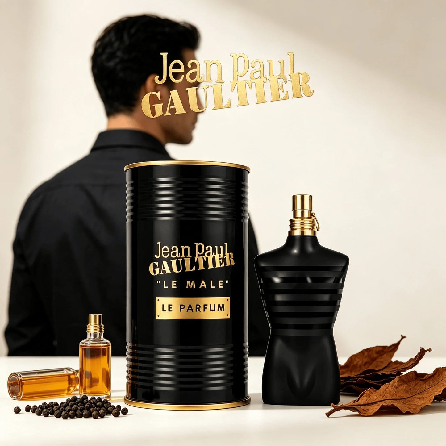 Jean Paul Gaultier Le Male Le Parfum For Men Classic Black Torso Bottle Black Gold Cylindrical Metal Can Packaging Elegant Woody Oriental Masculine Scent Long Lasting Men Perfume Spray