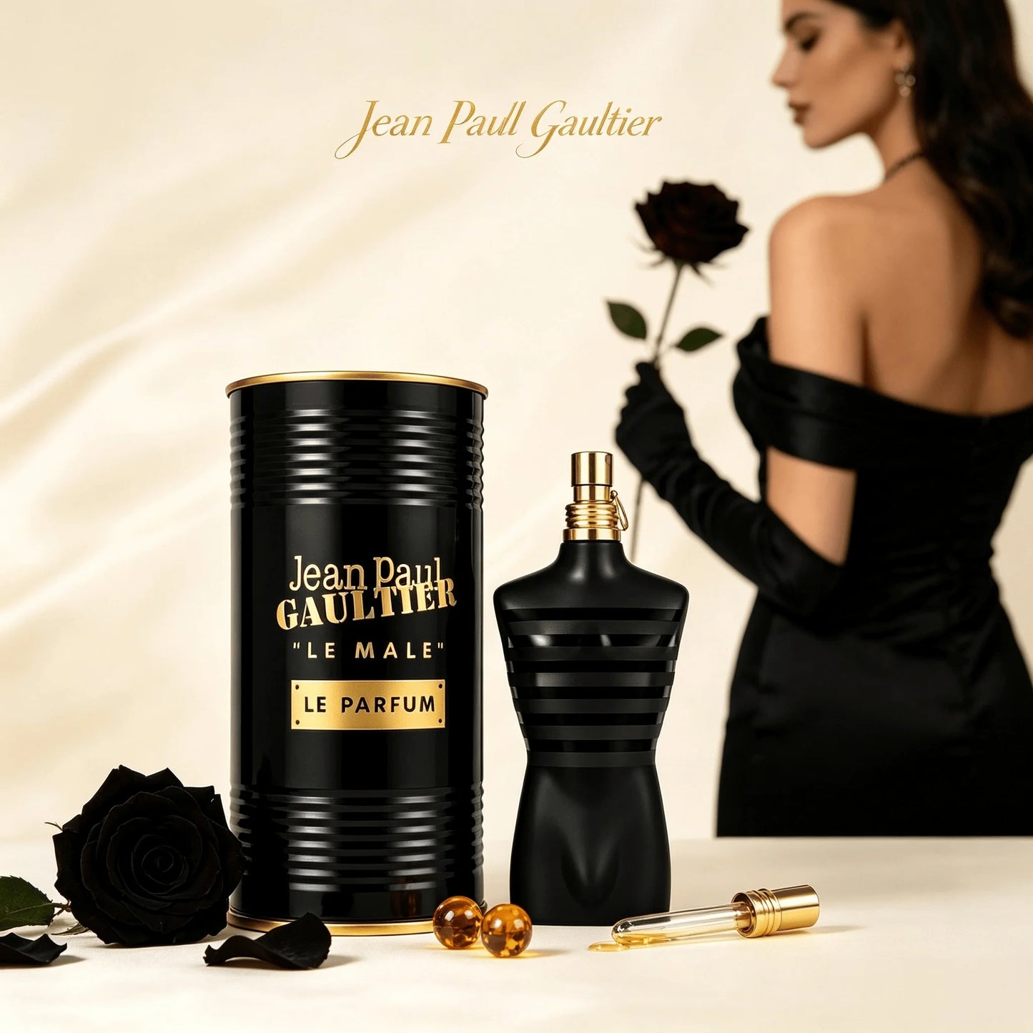 Jean Paul Gaultier Le Male Le Parfum For Men Classic Black Torso Bottle Black Gold Cylindrical Metal Can Packaging Elegant Woody Oriental Masculine Scent Long Lasting Men Perfume Spray