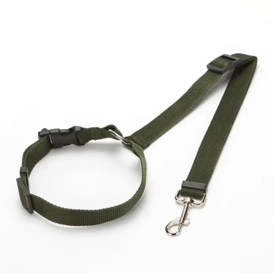 Pet Car Seat Belt – Adjustable nylon lead leash for dogs in olive green, ensuring pet safety during car rides.